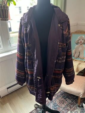 Women's Vintage Reversible Snap up Purple Nylon and Fleece Plaid Coat Jacket XL